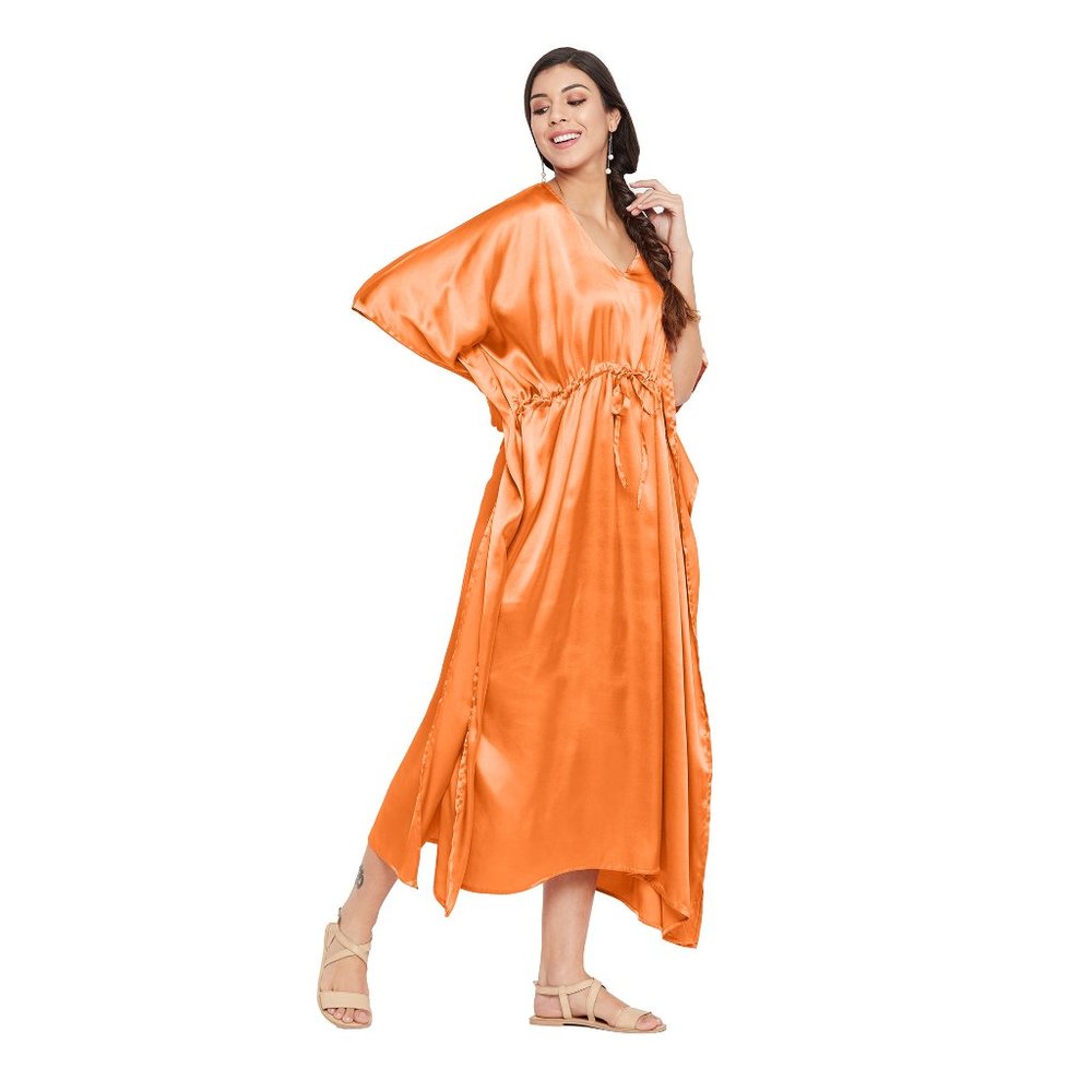 Womens Orange Night Dress Comfortable Long Maxi Sexy Satin Nighty for Ladies - Picture 3 of 6